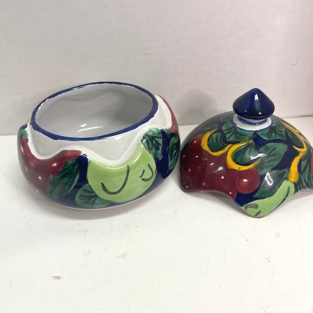 Signed S. Venegas Mexican Talavera Covered Candy Jar -‎ Lead Free Pottery 6.5"